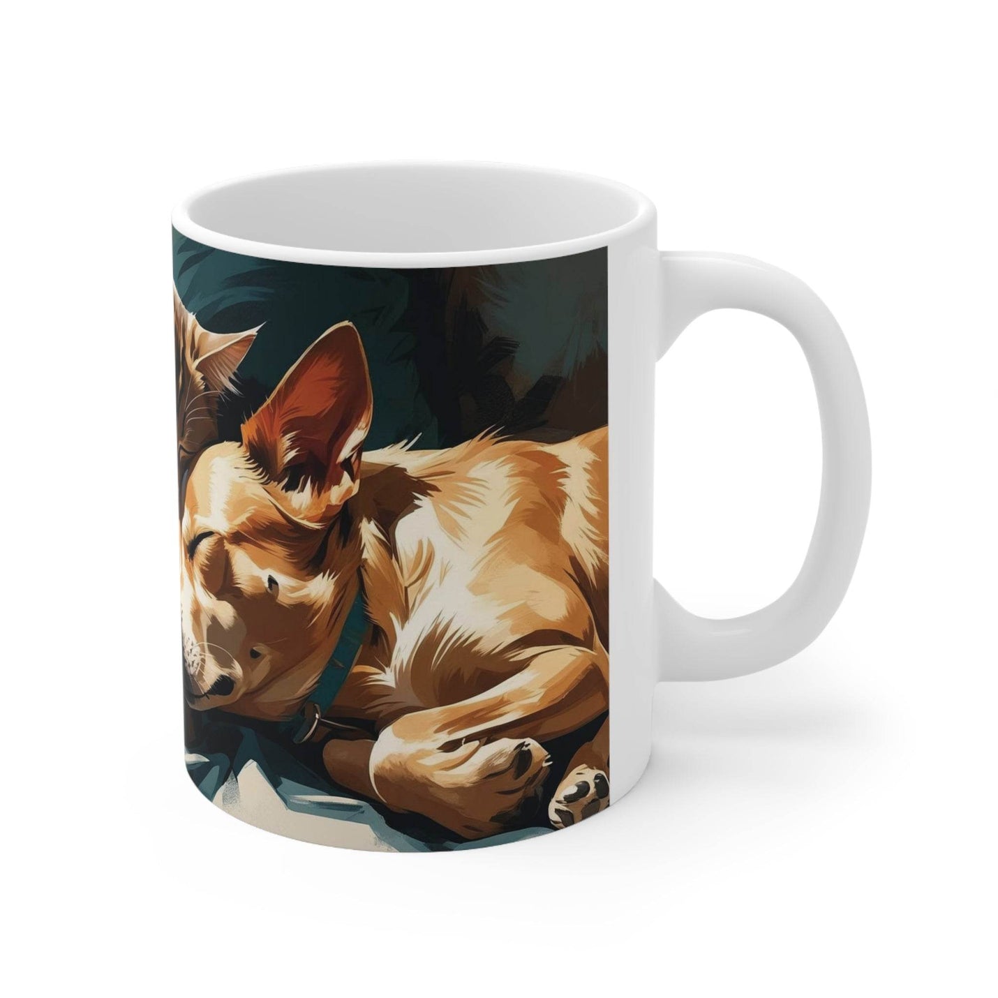 Premium 325ml Haustier-Becher mit einer gemütlichen Szene von einem Hund und einer Katze, die zusammen schlafen.