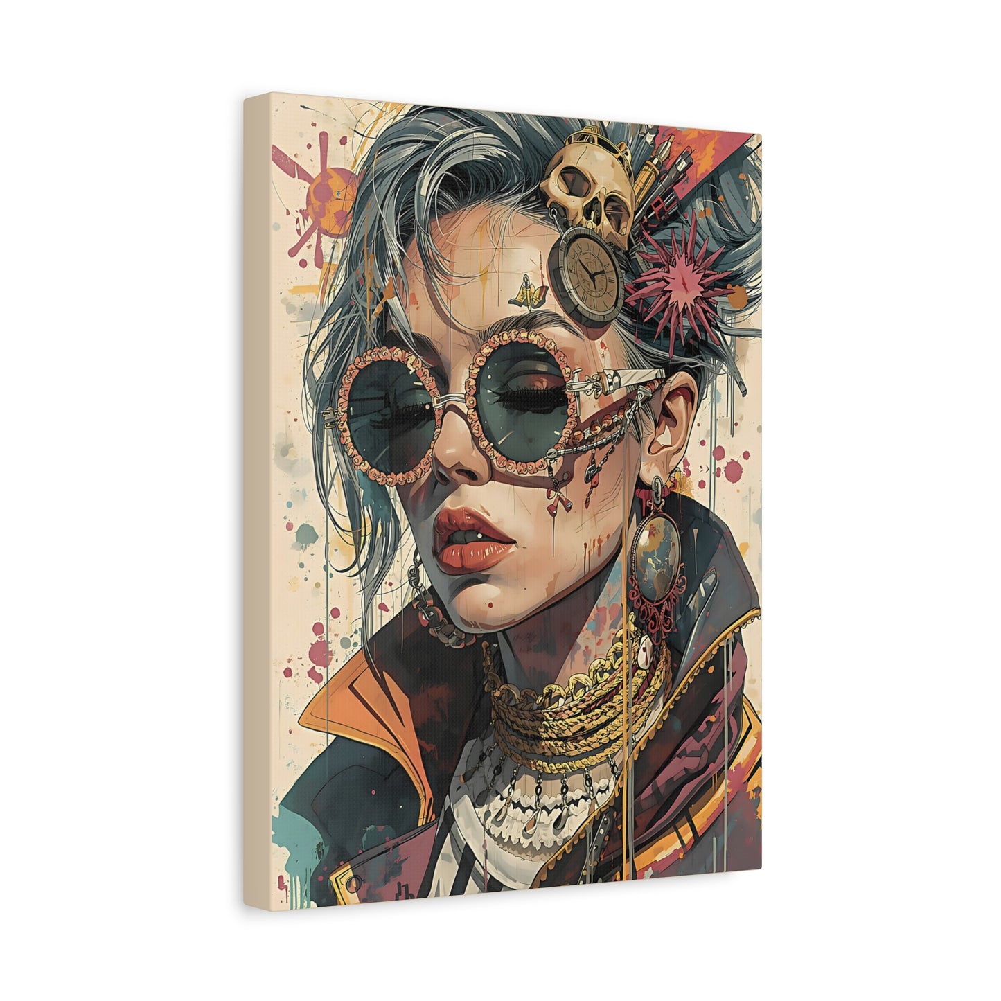 Steampunk Portrait Matte Canvas Art – Edgy Sunglassed Woman Wall Decor