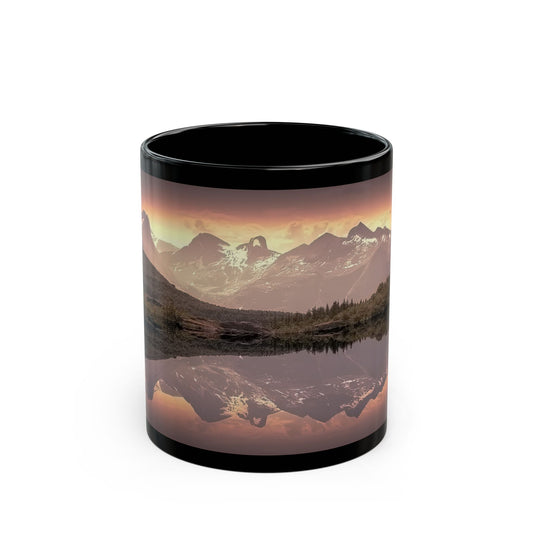 Mountain Reflection Black Mug — Scenic Sunset Lake Coffee Mug (11oz/15oz)