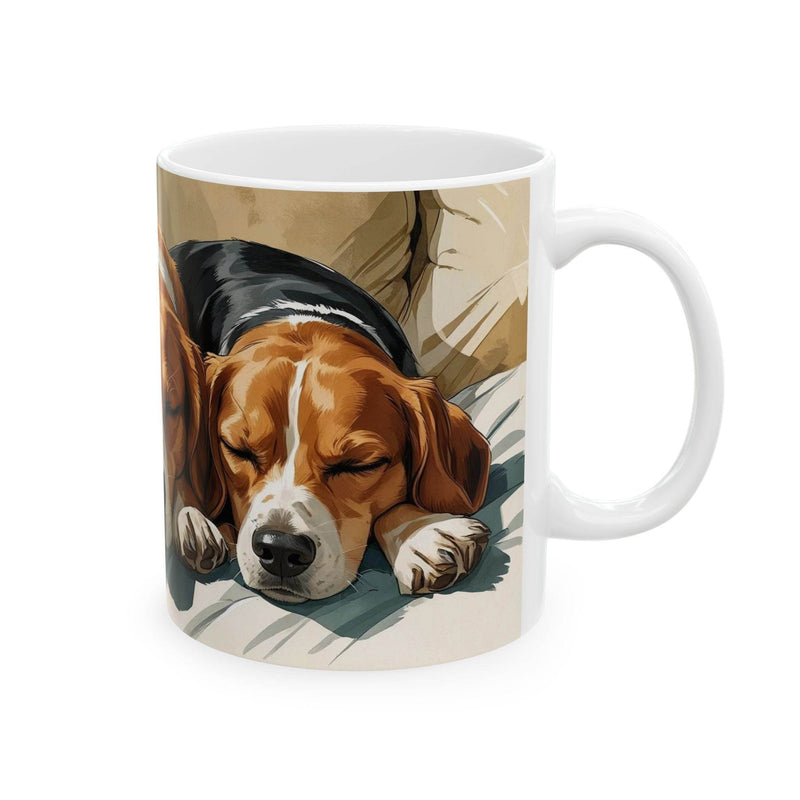 Charming 11oz ceramic Mug - Three Dogs Sleeping on a Couch showing cozy sleeping dogs on a modern wooden kitchen counter.