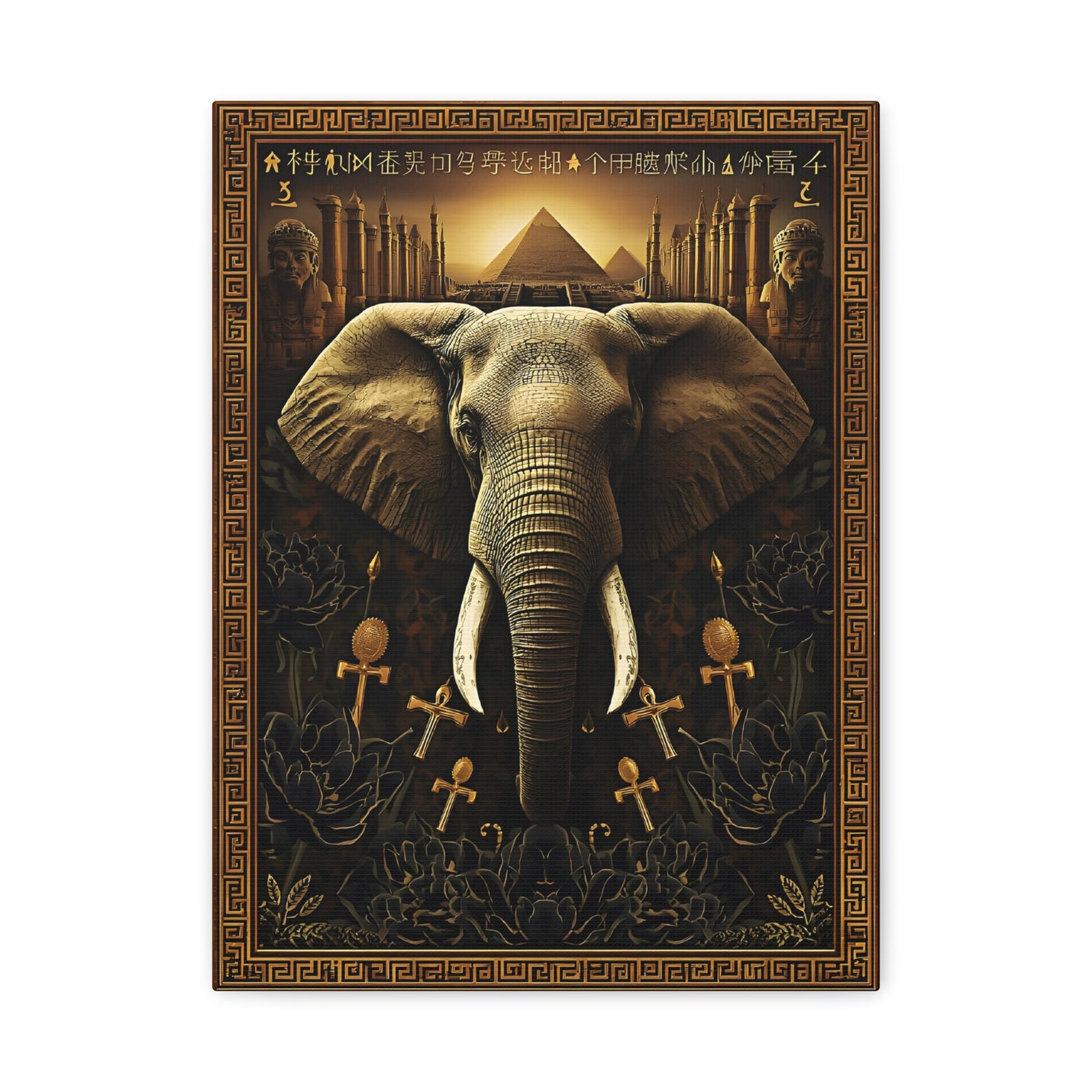 Egyptian Elephant Canvas Print in 12″ x 16″ | 30.48 cm x 40.64 cm size with a stretched 1.25″ | 3.18 cm depth profile.