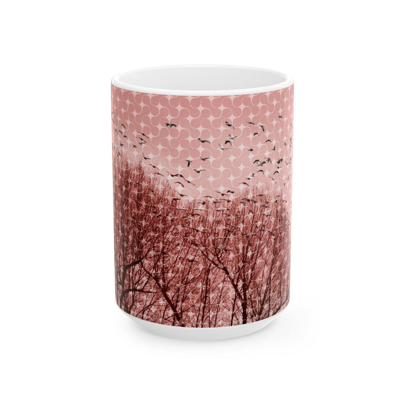 Birds at Dusk Ceramic Mug — Pink Tree Silhouette Coffee Mug (11oz & 15oz)