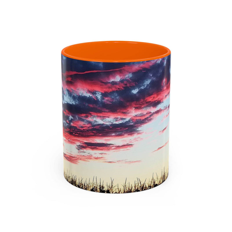 Künstlerischer 325ml Kaffeebecher mit Sonnenuntergangs-Akzent, gestaltet mit einem orangen Henkel und oranger Innenseite.