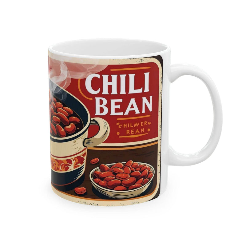 Premium 11oz food themed Mug - Steamy Can of Chili Beans Ceramic Coffee Mug filled with warm beverage on a table.