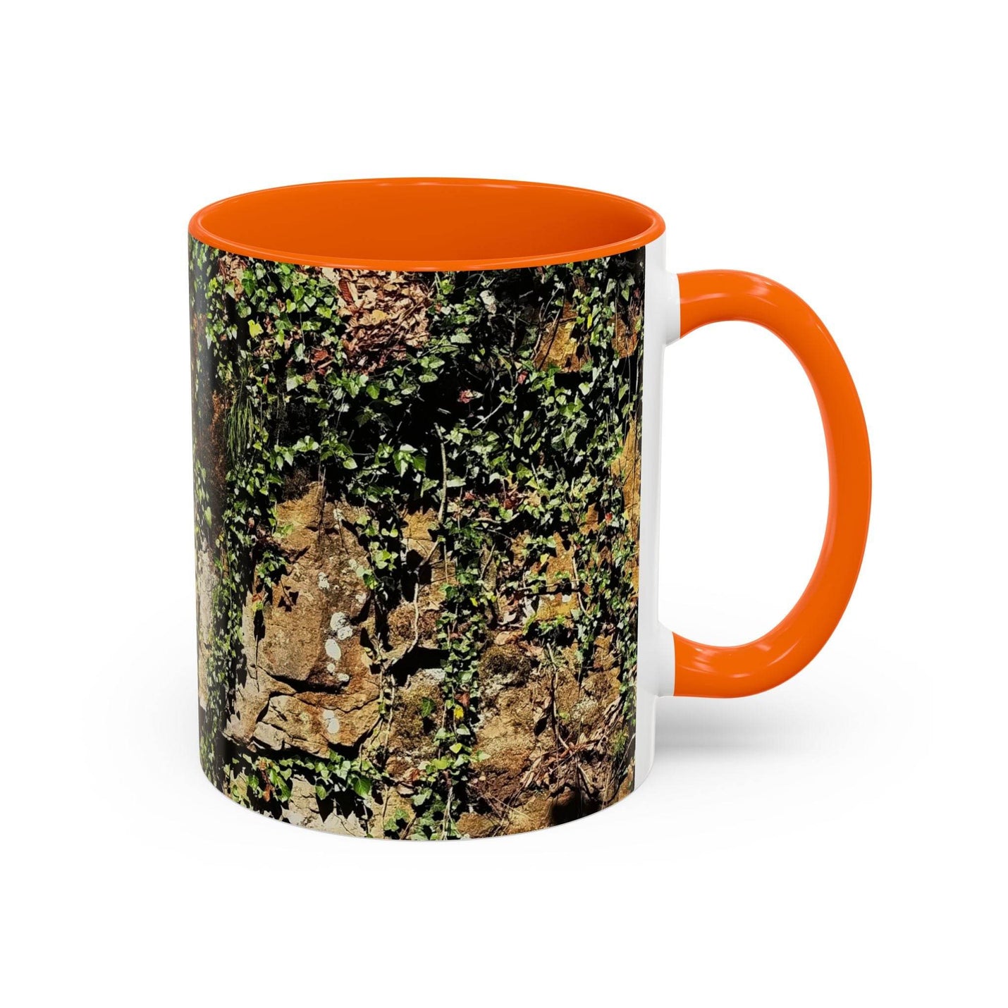 Premium 11oz Mug - Overgrown Rocks Adventure Coffee Mug for outdoor lovers, featuring an orange handle and inside.