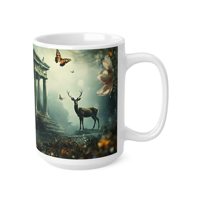 Mythic Garden Ceramic Mug — Ancient Ruins, Dear & Butterfly Floral Coffee Cup