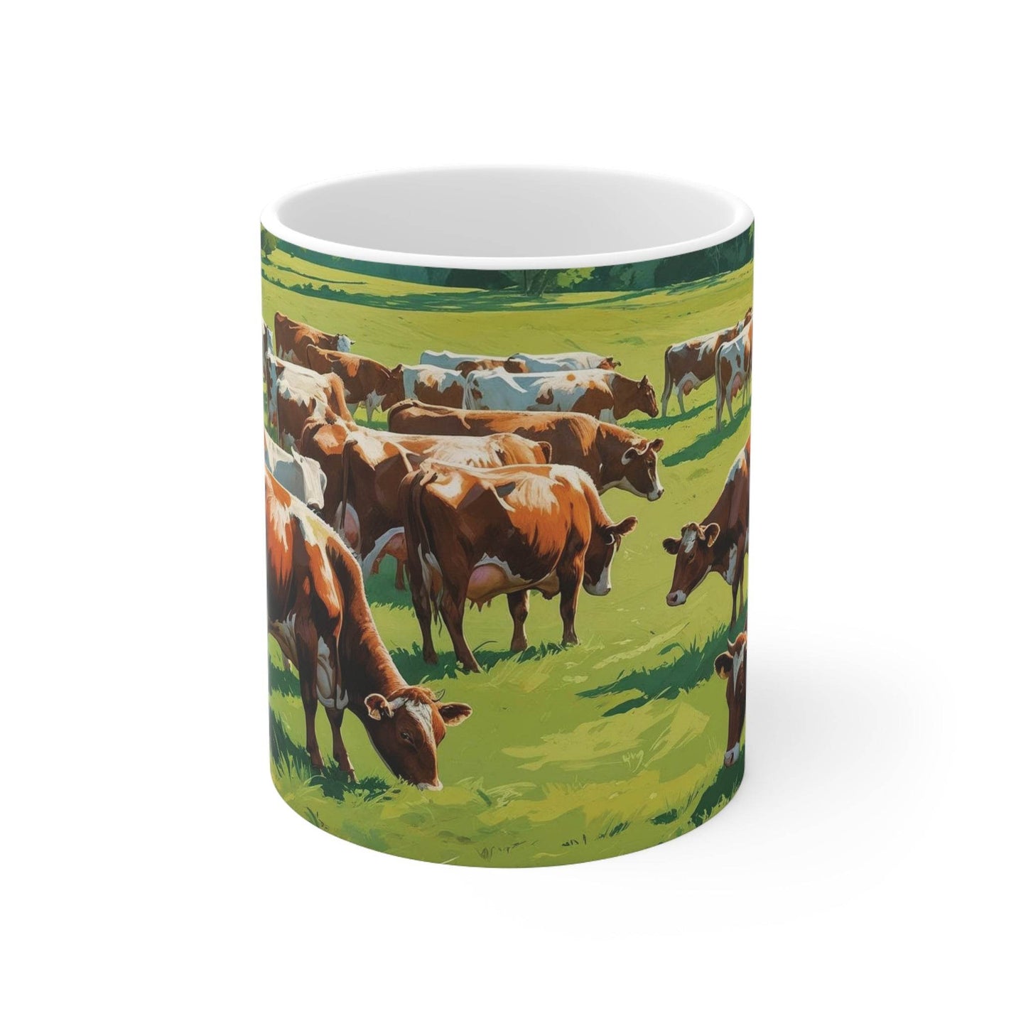 Rustikaler Kaffeebecher in der Größe 325ml aus glänzender Keramik, bedruckt mit einer ländlichen Illustration grasender Kühe.