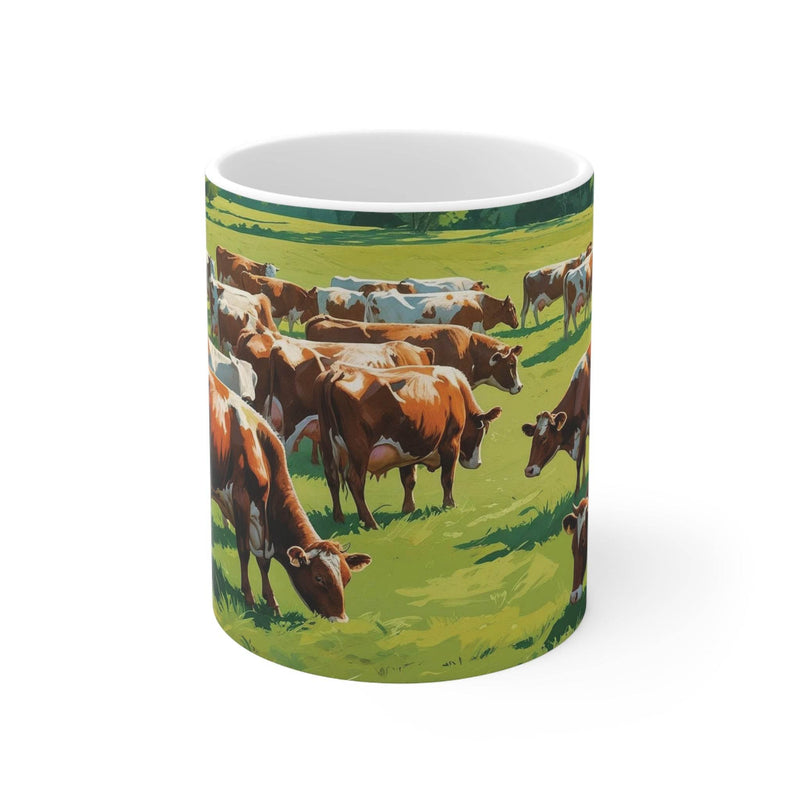 Rustikaler Kaffeebecher in der Größe 325ml aus glänzender Keramik, bedruckt mit einer ländlichen Illustration grasender Kühe.