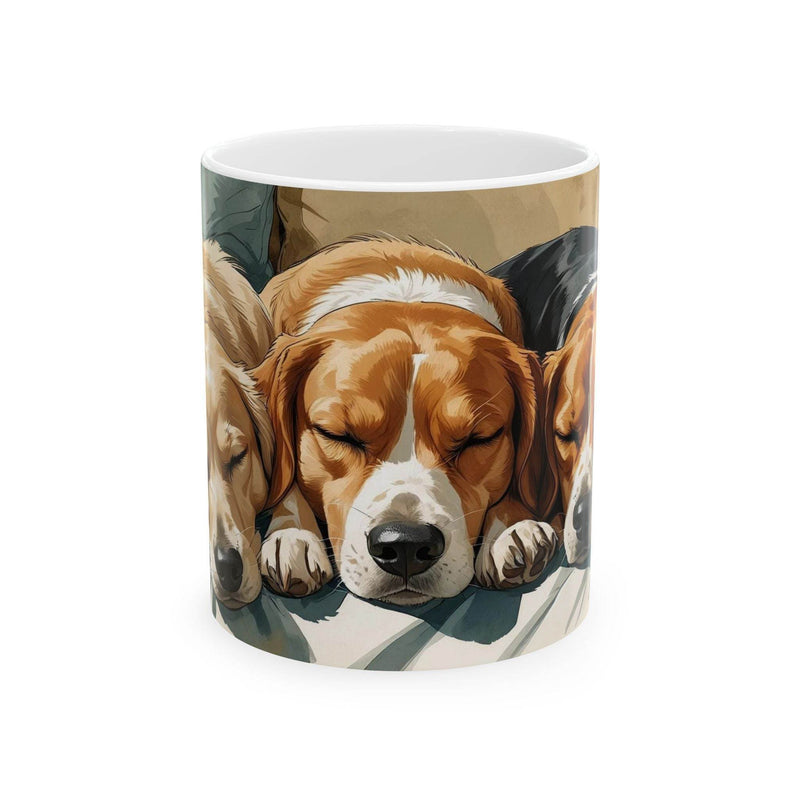Heartwarming 11oz Mug - Three Dogs Sleeping on a Couch standing beautifully next to fresh green botanical indoor plants.