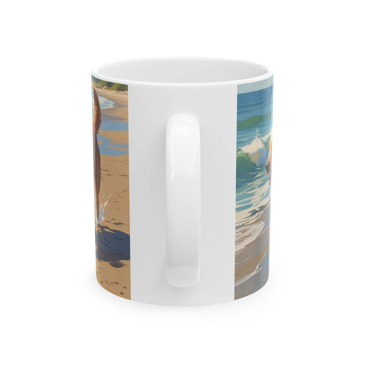Cozy lifestyle view of a 11oz Mug - Dogs on the Sunny Beach Ceramic Coffee Mug near a bright window during a relaxed coffee break.