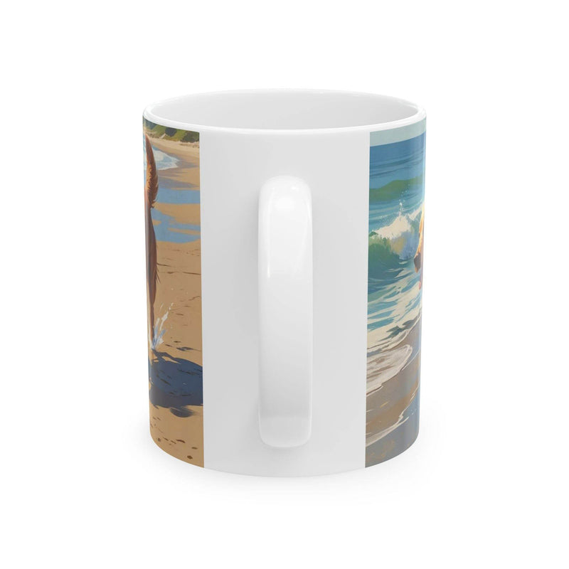 Cozy lifestyle view of a 11oz Mug - Dogs on the Sunny Beach Ceramic Coffee Mug near a bright window during a relaxed coffee break.
