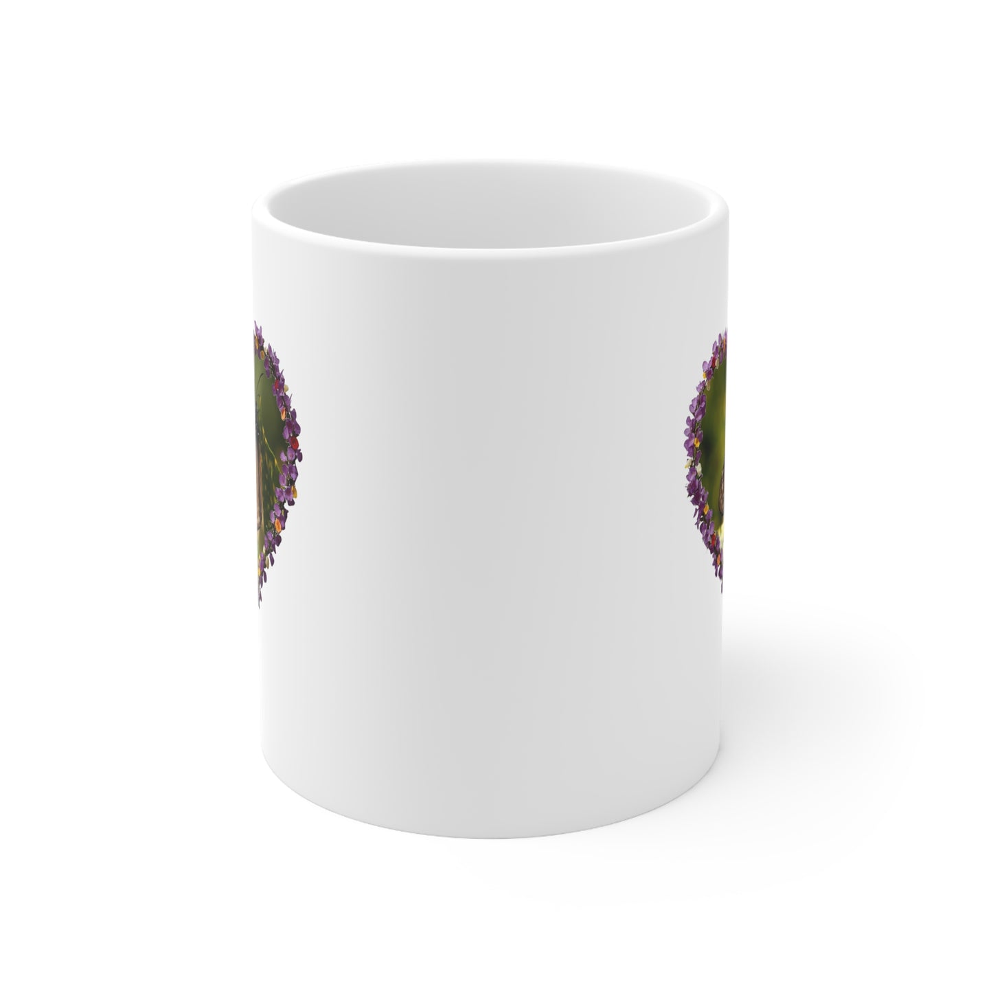 Glossy 325ml white ceramic mug with an elegant butterfly heart design and comfortable C-handle for cozy mornings.