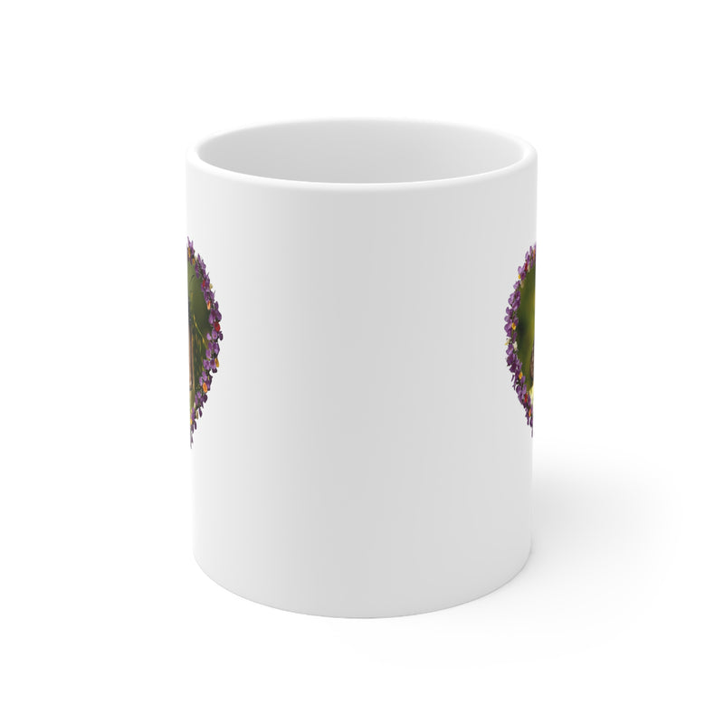 Glossy 325ml white ceramic mug with an elegant butterfly heart design and comfortable C-handle for cozy mornings.