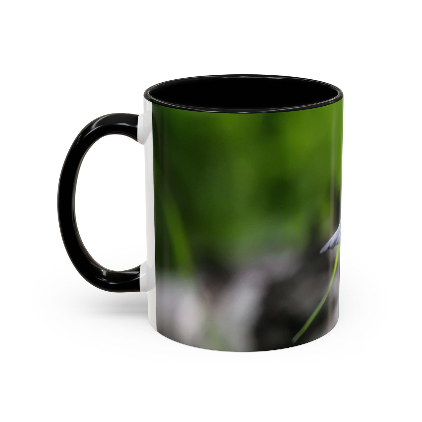 325ml nature-inspired bird photography coffee mug with a black handle and black inside.