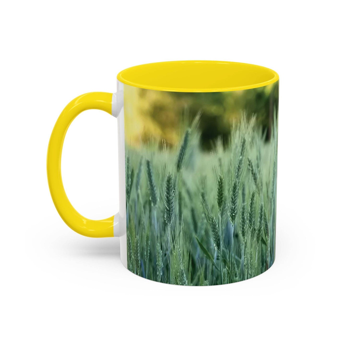 Ein 325ml Weizenfeld Keramik-Kaffeebecher mit einem gelben Henkel und einer gelben Innenseite für gemütliche Morgenstunden.