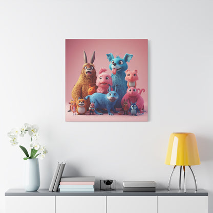 Cute Colorful Creature Family Matte Canvas Wall Art — Playful Kids Room Décor