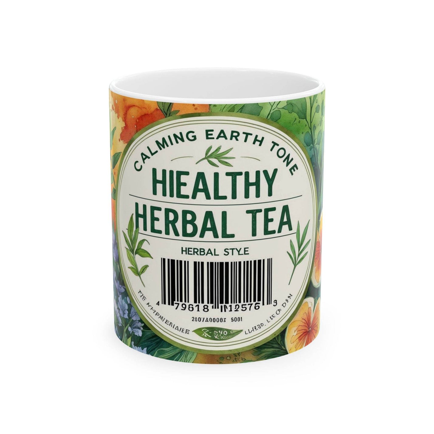 Charming 11oz botanical Mug - Healthy Herbal Tea standing beautifully next to fresh green indoor plants.