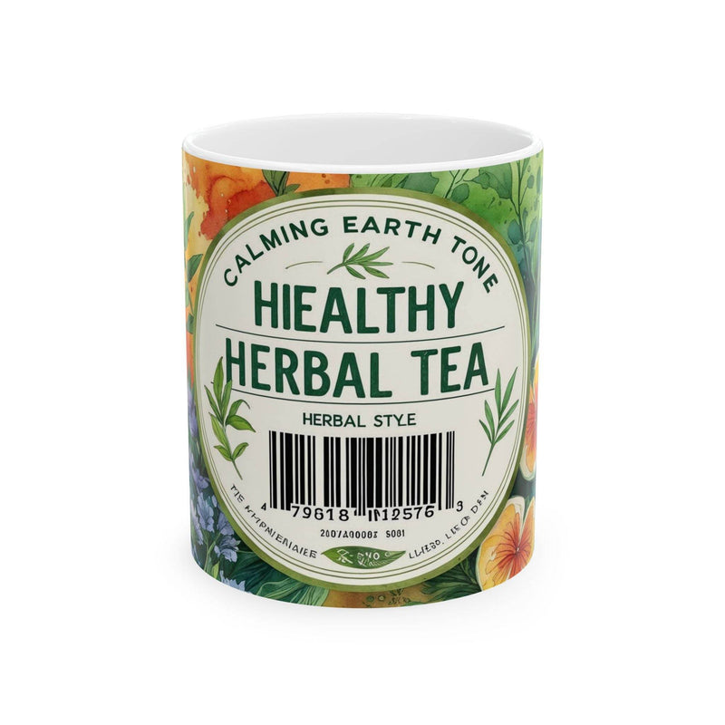 Charming 11oz botanical Mug - Healthy Herbal Tea standing beautifully next to fresh green indoor plants.