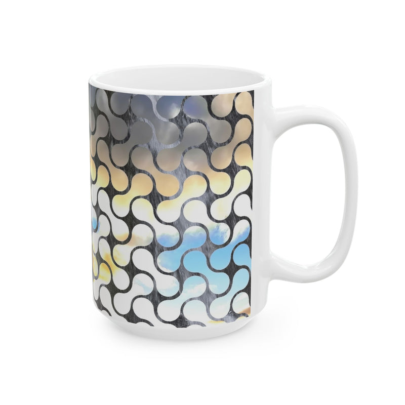Abstract Mosaic Ceramic Coffee Mug – Blue & Neutral Pattern, 11oz/15oz