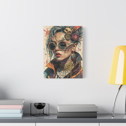 Steampunk Portrait Matte Canvas Art – Edgy Sunglassed Woman Wall Decor