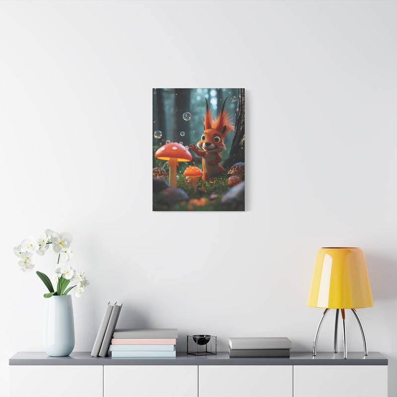 Cute Squirrel & Mushroom Canvas Print — Whimsical Forest Nursery Wall Art