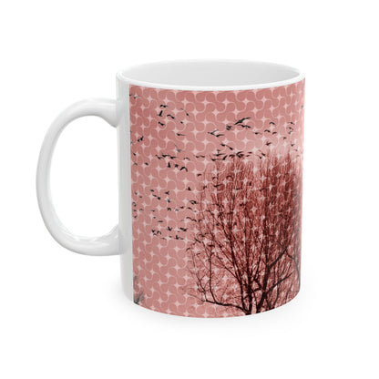 Birds at Dusk Ceramic Mug — Pink Tree Silhouette Coffee Mug (11oz & 15oz)