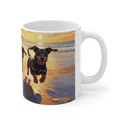 Mug - Running Dogs on the Beach at Sunset Ceramic Coffee Cup - A Pretty Print