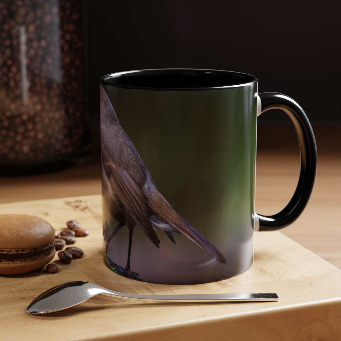 325ml robin nature mug with a striking black handle and inside.