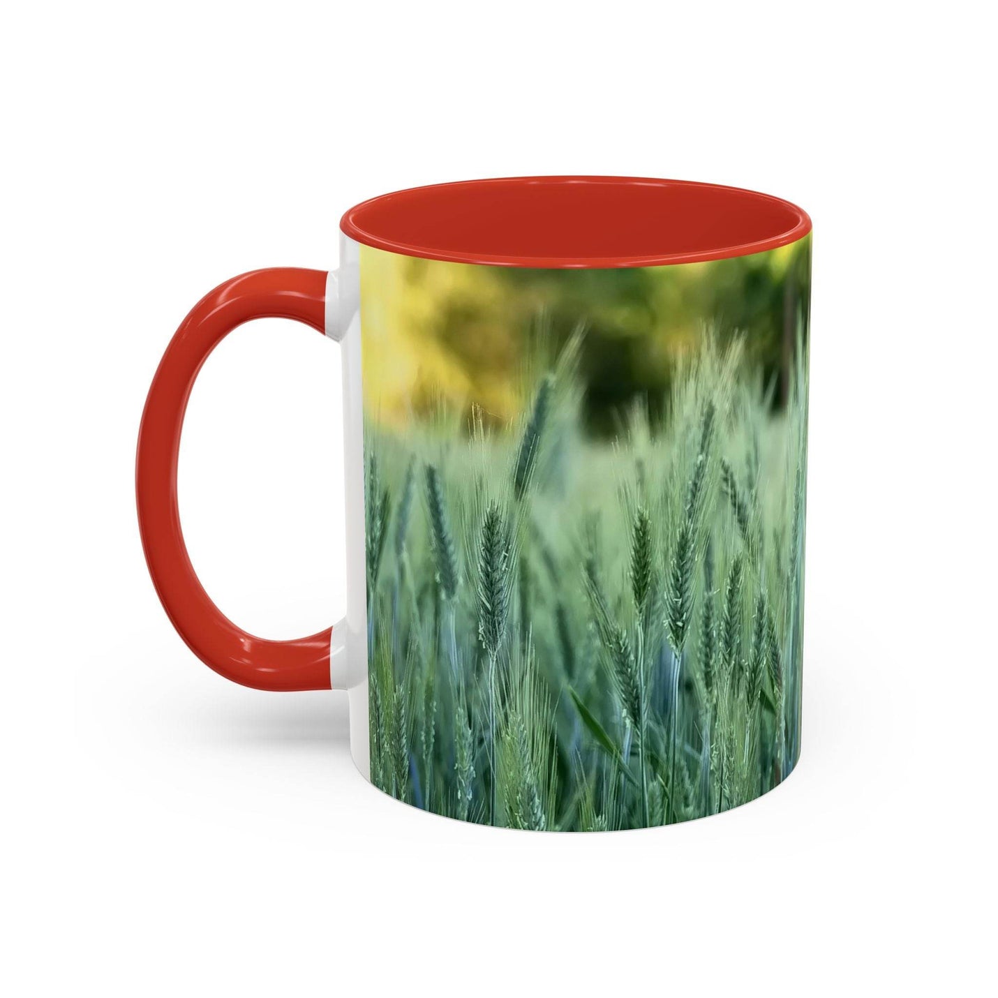 Nature inspired 11oz Mug - Wheat Field Design Coffee Mug with a red handle and red inside on dark wood.