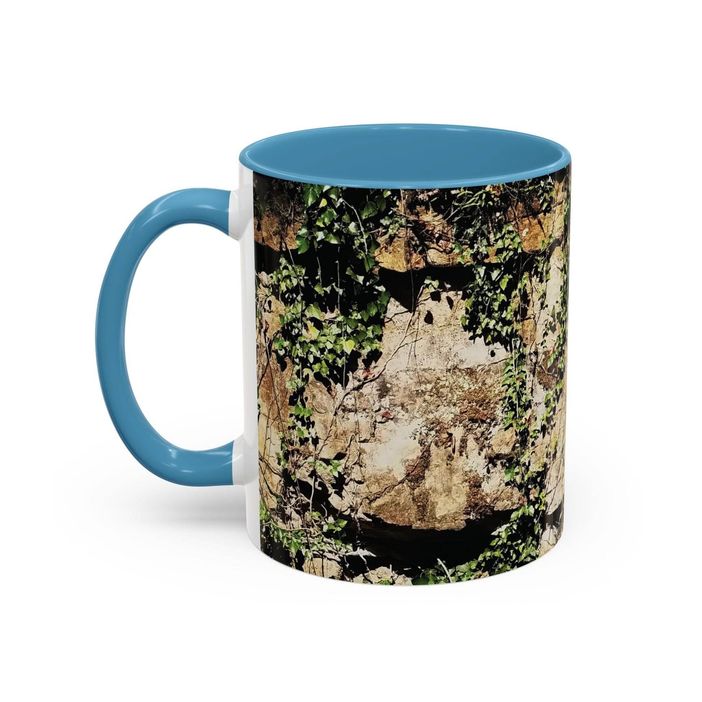 325ml Overgrown Rocks Adventure Kaffeebecher mit hellblauem Henkel und hellblauer Innenseite, perfekt für Naturliebhaber.