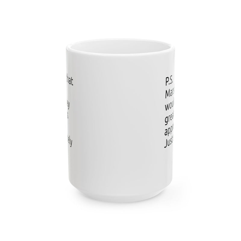 Premium 15oz white coffee cup crafted with a comfortable C-shaped handle, celebrating small pleasures and daily midday sips.