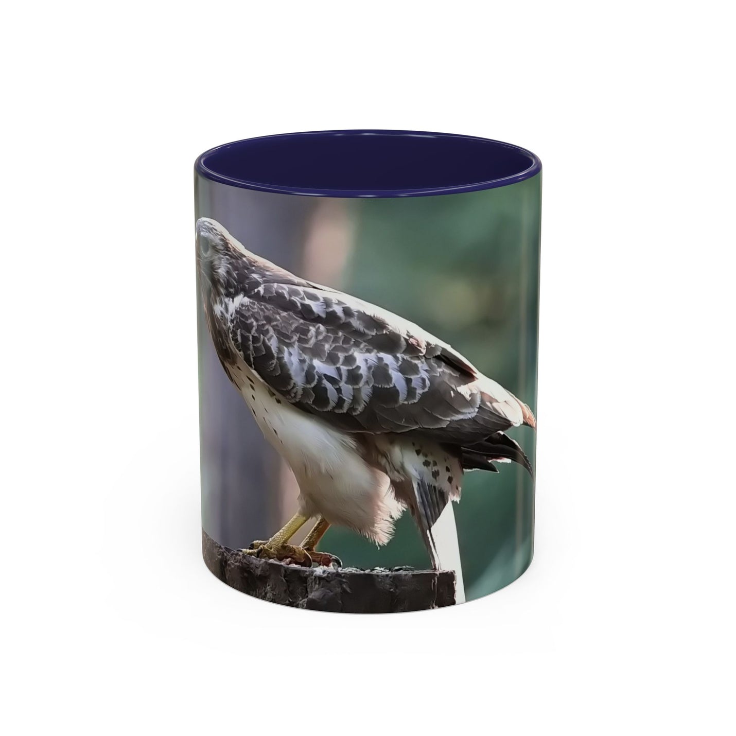 Keramik Mäusebussard Becher 325ml mit navy Henkel und Innenseite.