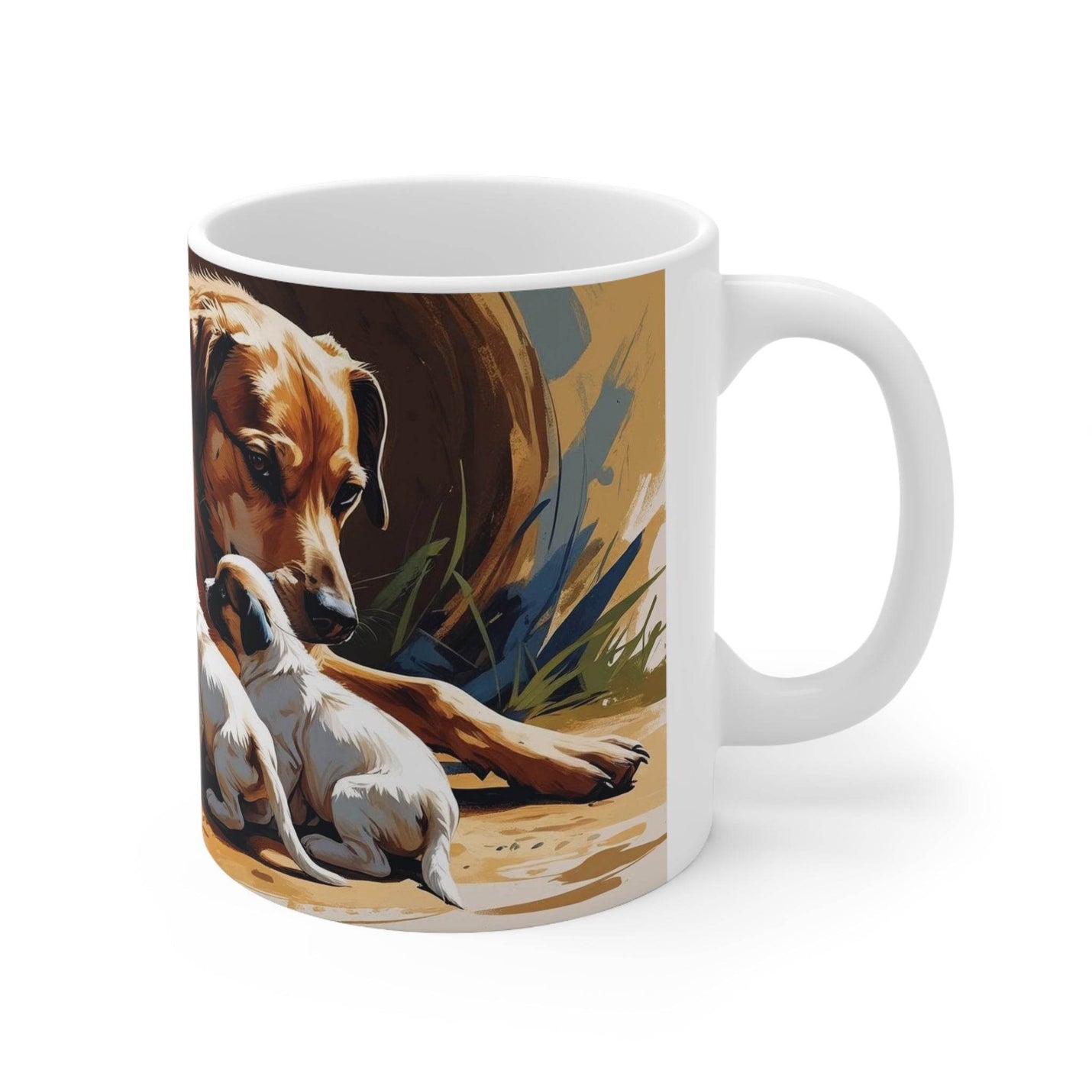 Hochwertiger 325ml Kaffeebecher mit praktischem Henkel, verziert mit einer kunstvollen Illustration einer Hundefamilie mit Welpen.