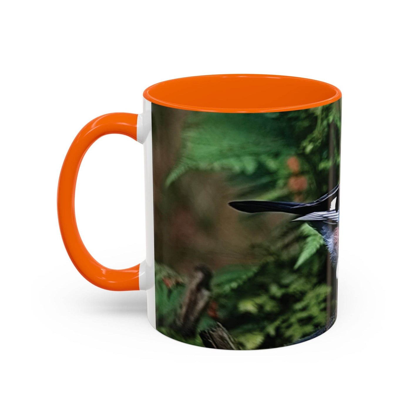 Vogelliebhaber Becher 325ml mit buntem Eichelhäher und orangem Griff.