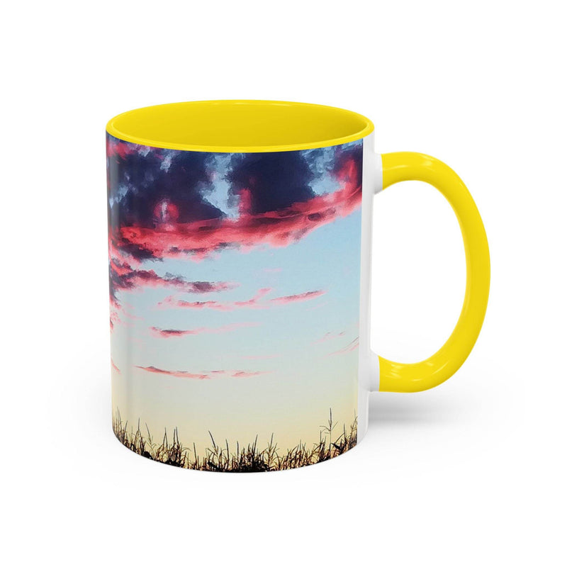 Lebendiger 325ml Sonnenuntergang Keramik-Becher, ideal fürs Homeoffice, mit gelbem Henkel und gelber Innenseite.