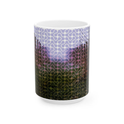 Glossy white 15oz woodland scenery coffee cup wrapping a quiet memory of a morning forest walk around your daily routine.