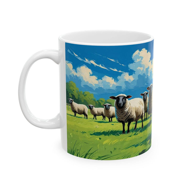 Charming 11oz ceramic Mug - Curious Sheep - Ceramic Coffee Mug with adorable sheep illustrations on a wooden counter.