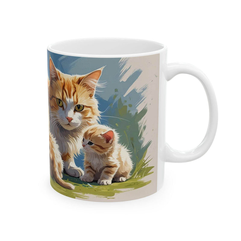 Artistic 11oz ceramic Colorful Cat with Cute Little Kittens Coffee Mug resting on a rustic wooden dining table.
