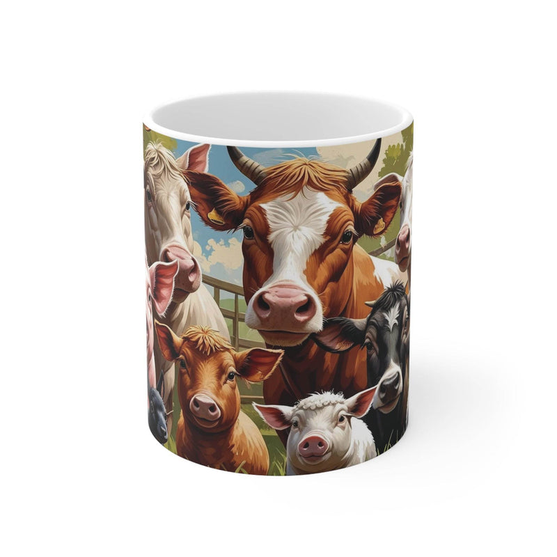 Charmanter 325ml Keramik-Kaffeebecher mit verspielter Illustration neugieriger Bauernhoftiere, perfekt für die Landhaus-Deko.