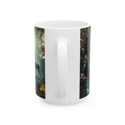 Mythic Garden Ceramic Mug — Ancient Ruins, Dear & Butterfly Floral Coffee Cup (11oz/15oz)