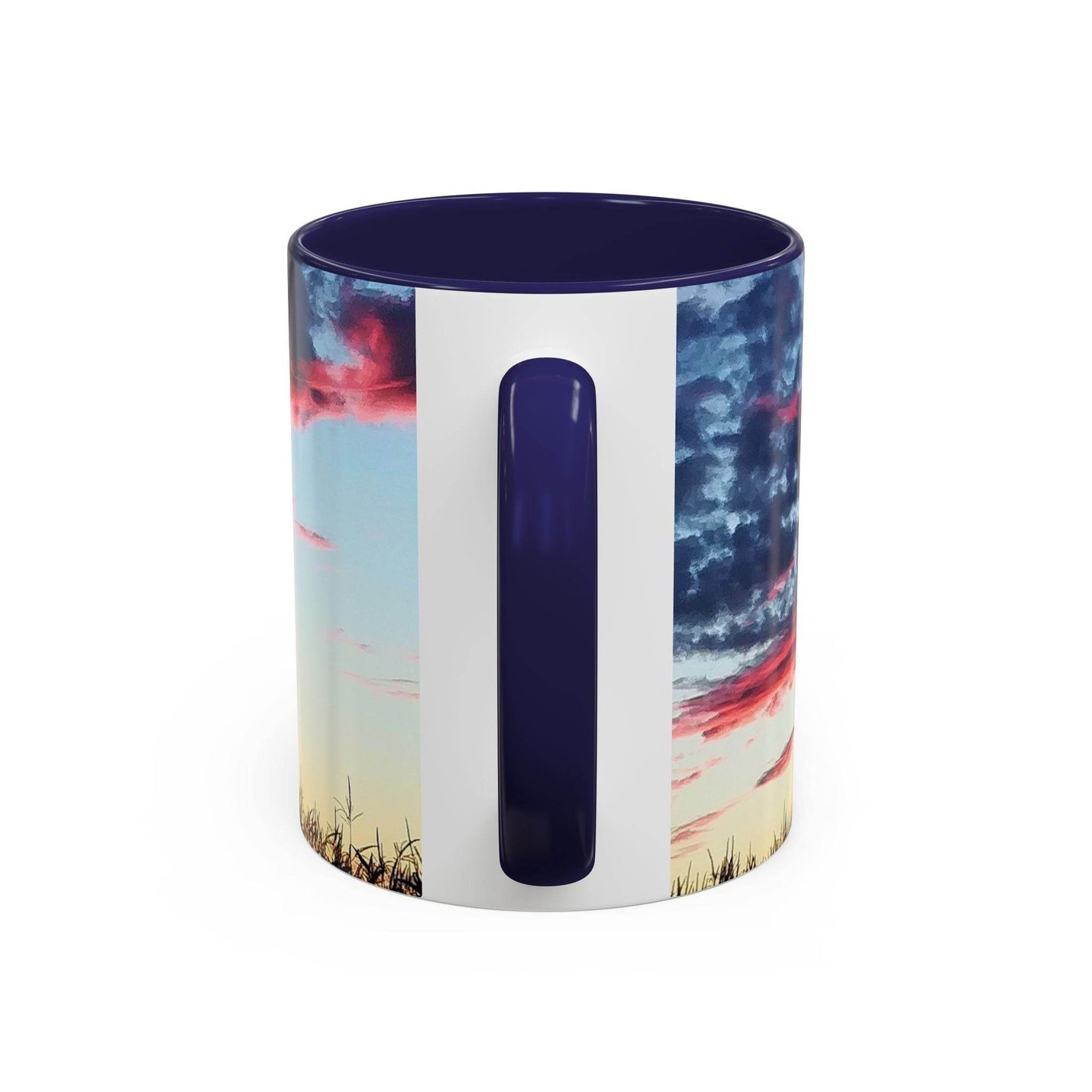 Vibrant 11oz Sunset Accent Coffee Mug for home office decor, featuring a black handle and black inside on a shelf.