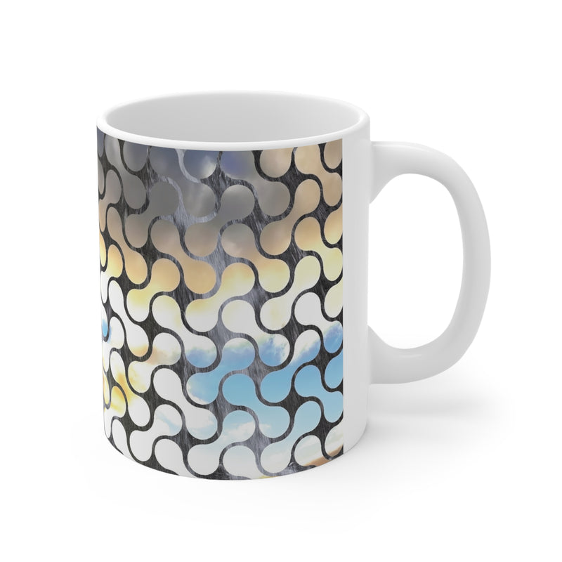 Abstrakter Mosaik-Keramikbecher – Blau-neutrales Muster