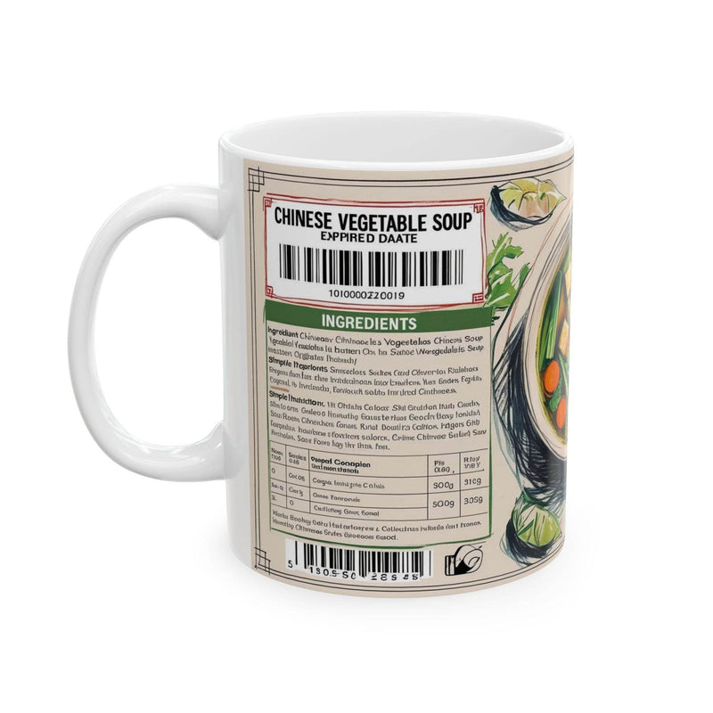 Vibrant 11oz ceramic Coffee Mug - Tasty Chinese Vegetable Soup Design on a modern wooden kitchen counter.