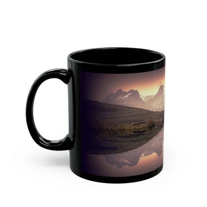 Mountain Reflection Black Mug — Scenic Sunset Lake Coffee Mug