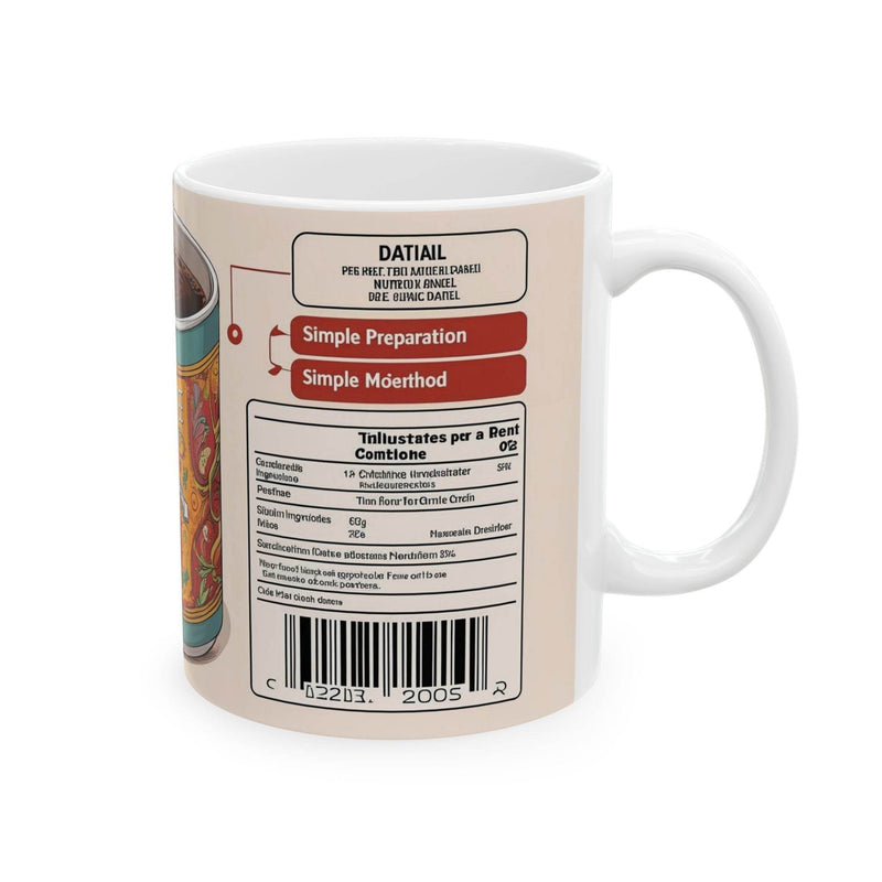 Elegant 11oz botanical themed coffee mug with Hot Coffee Special Flavour details held by hands in a bright room.