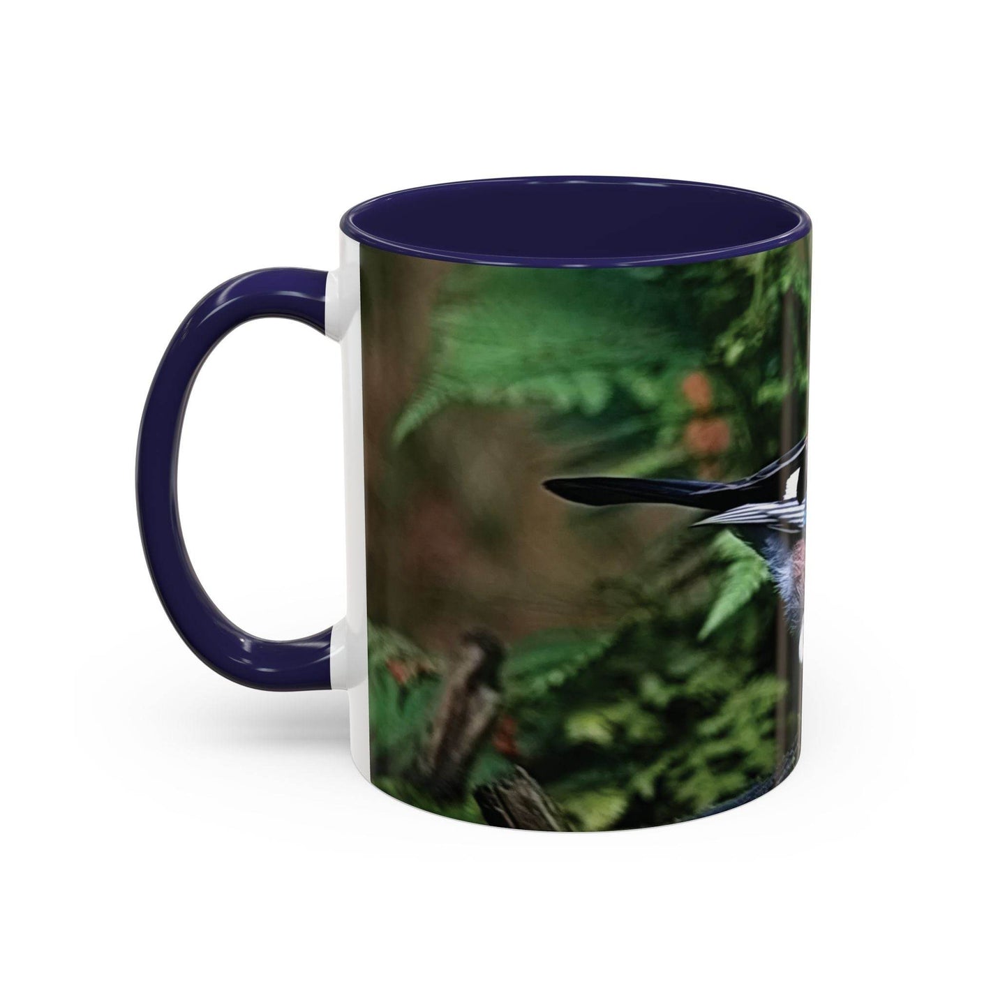 Vogelliebhaber Becher 325ml mit buntem Eichelhäher und marineblauem Griff.