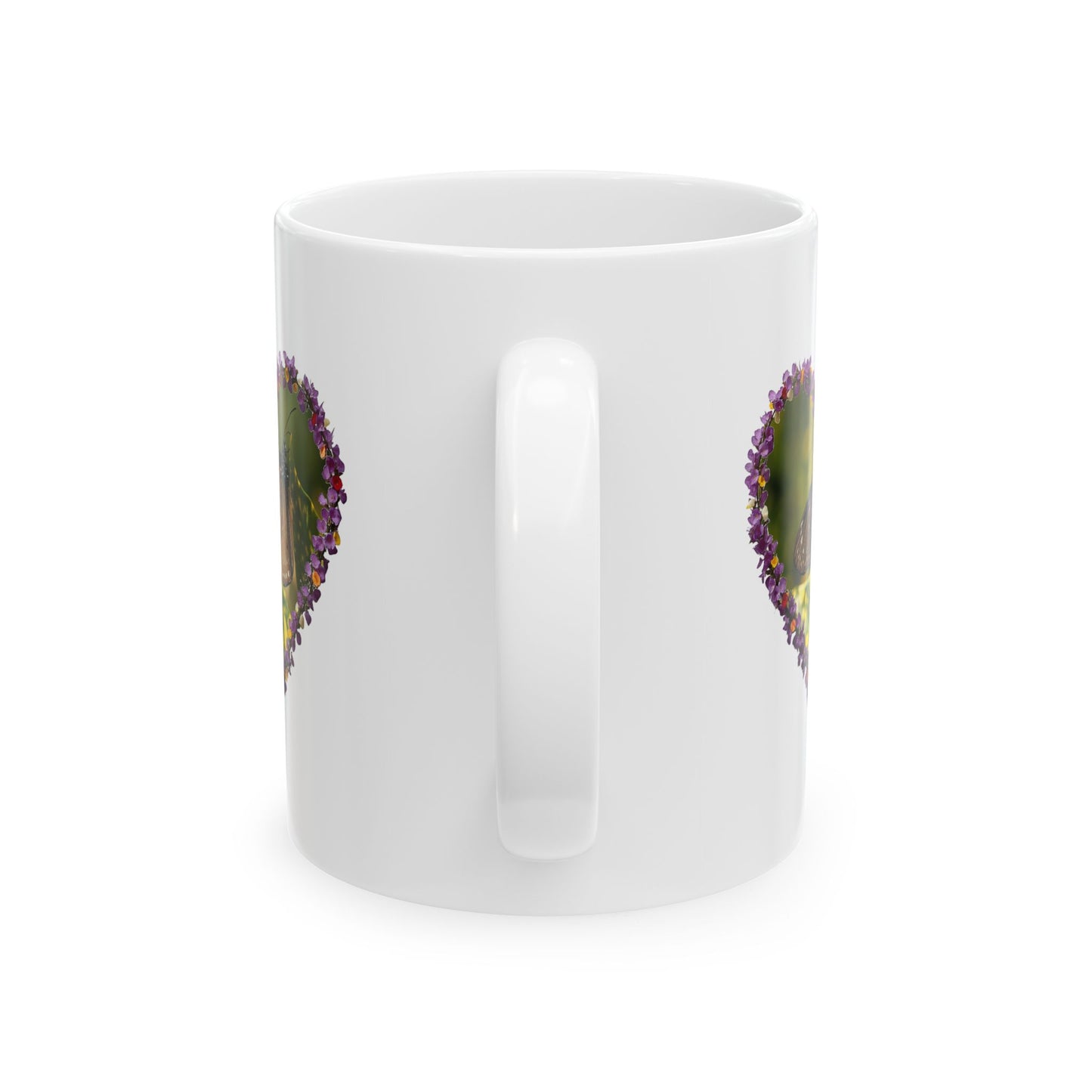 Butterfly Heart Mug — Floral Heart Frame Ceramic Coffee Cup (11oz & 15oz)