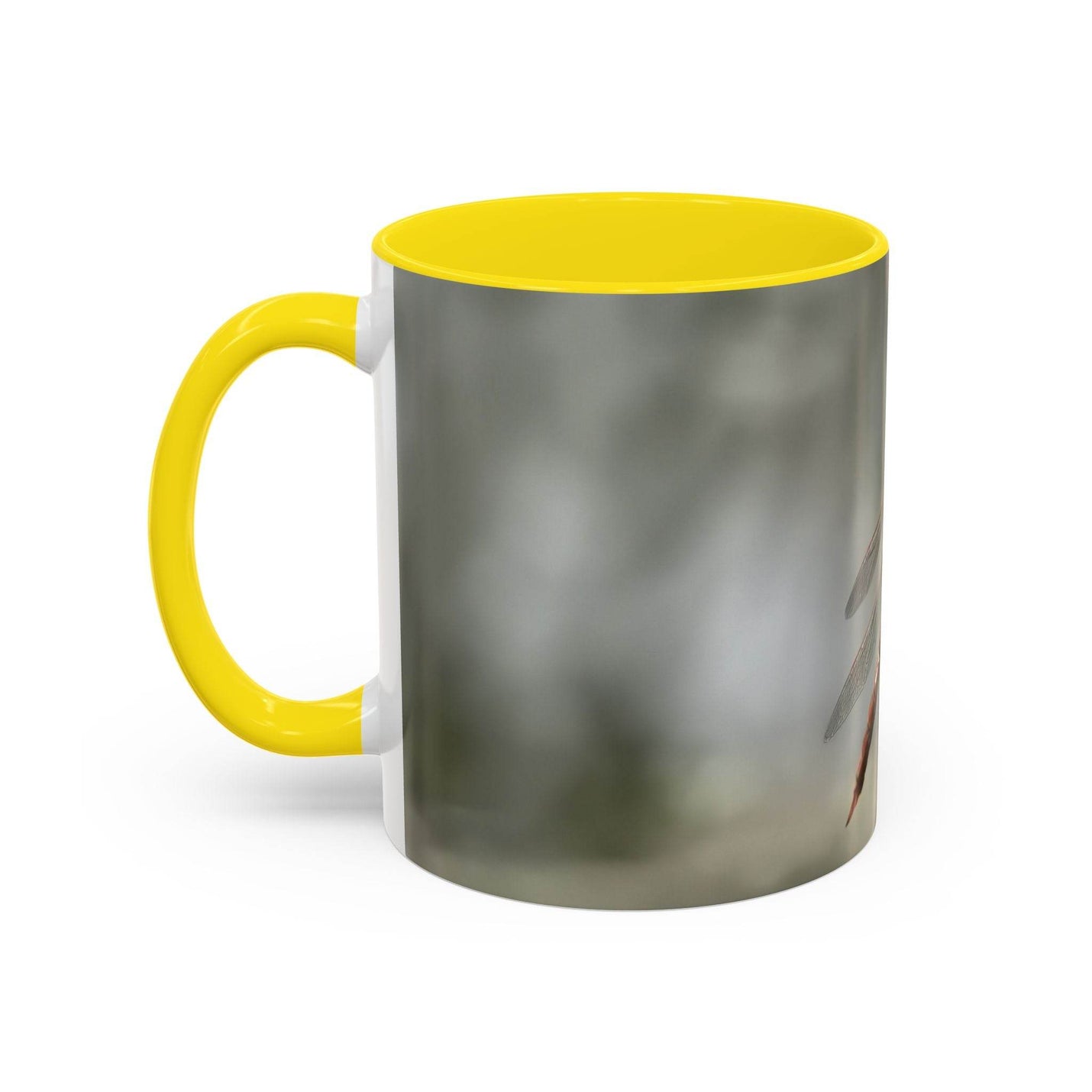 Glossy 325ml dragonfly coffee cup printed with high-quality ink, finished with a classic yellow handle and solid yellow inside.