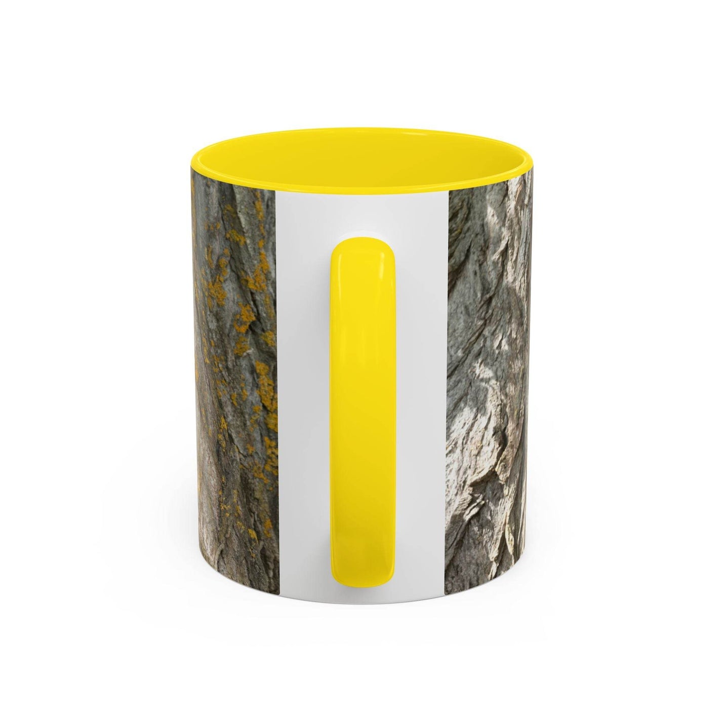 Earthy 11oz Coffee Mug - Tree Trunk Design on a wooden board, showcasing its yellow handle and yellow inside.