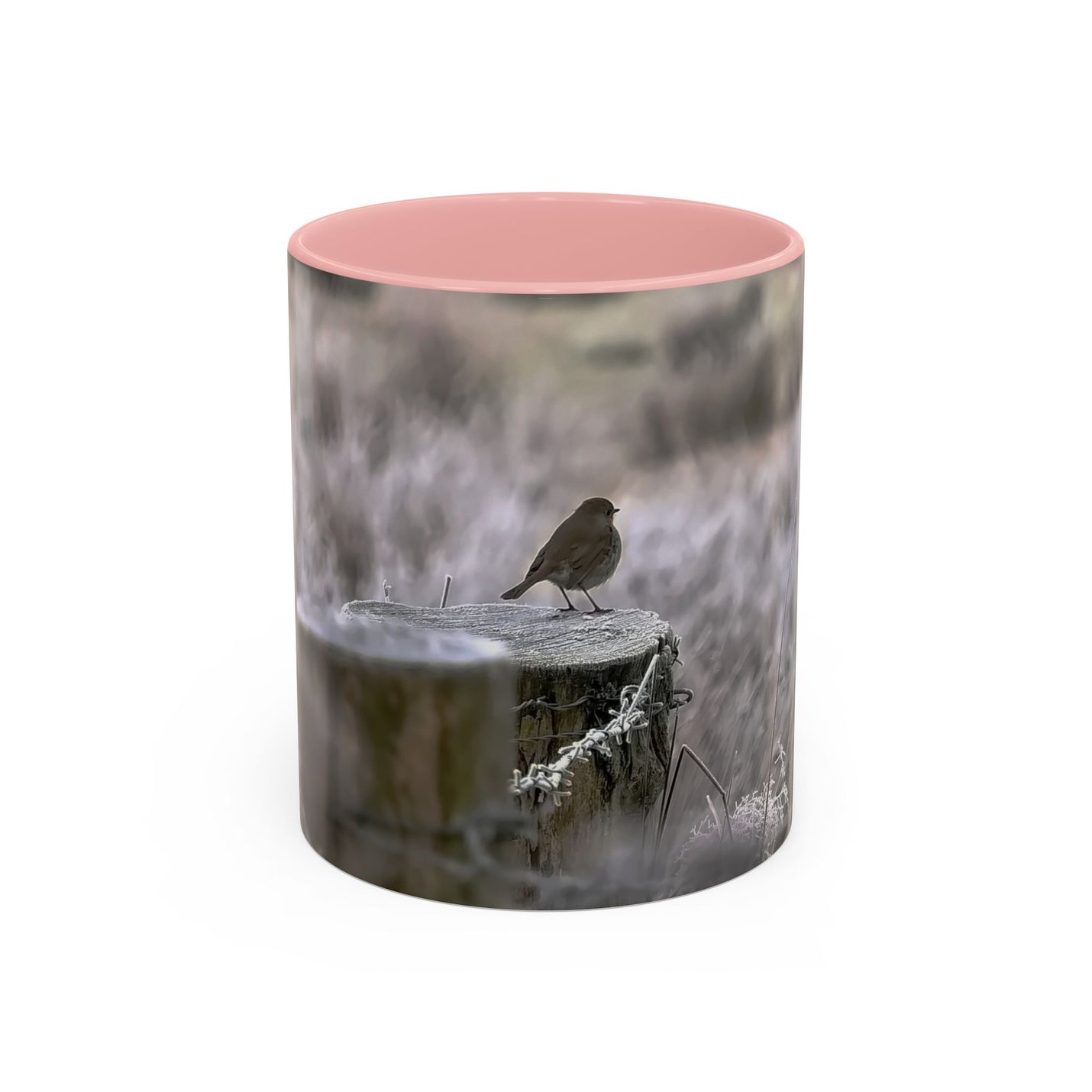 11oz mug featuring a robin nature print with a Pink handle and interior.